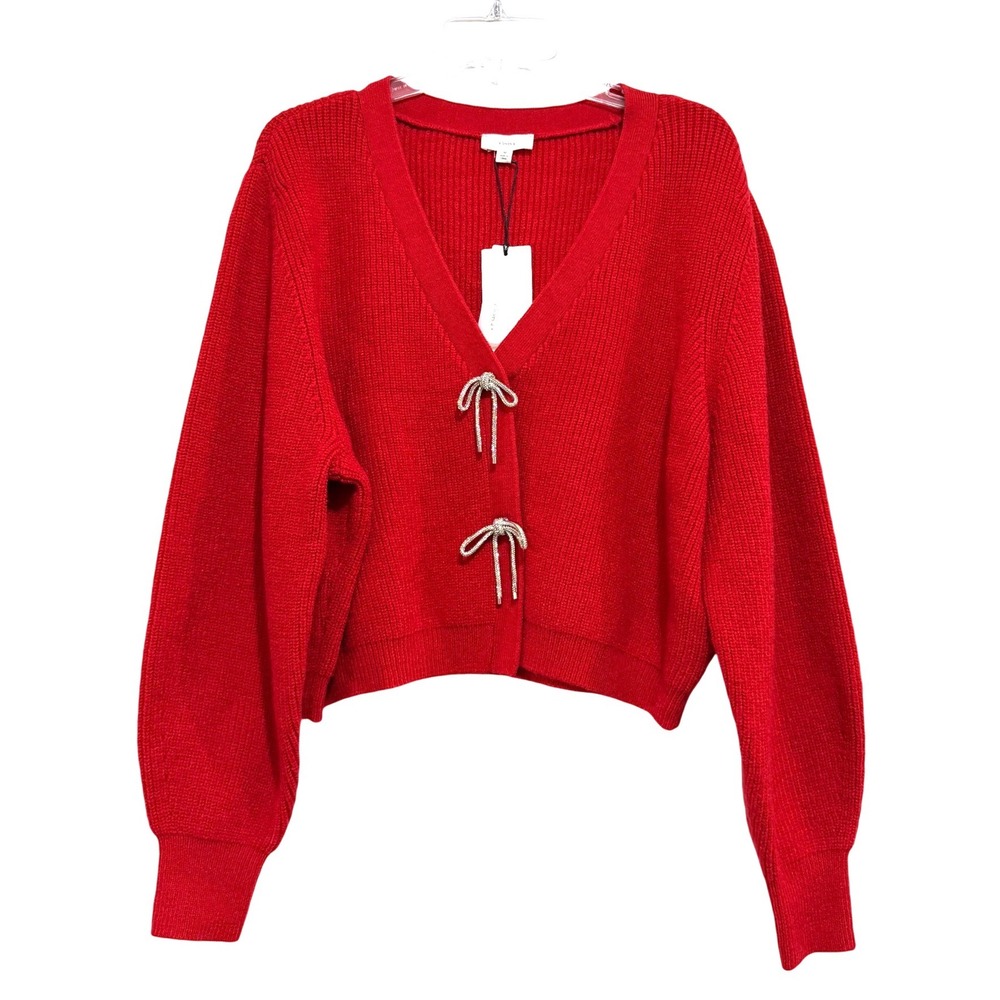 A Loves A Scarlet Red Ribbed Cropped Cardigan Rhinestone Bows NWT Size M